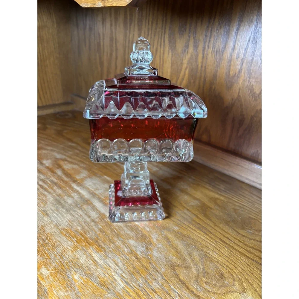 Vintage Smith Glass Ruby Red Clear Pedestal Candy Dish Lid Square Compote